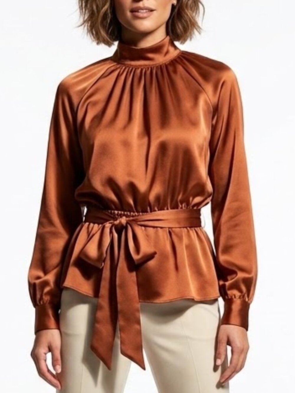 Ann Taylor Satin High Neck Belted Peplum Blouse Copper Rust Long Sleeve Top XS